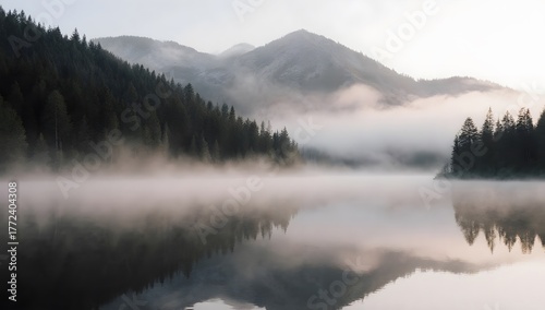 Calm lake surrounded by misty mountains at sunrise.
