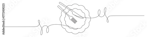Continuous line art of a cutlery set consisting of a flower-shaped plate, knife, and fork with curved and swirling lines. This icon is for a restaurant sticker or banner. Vector illustration.
