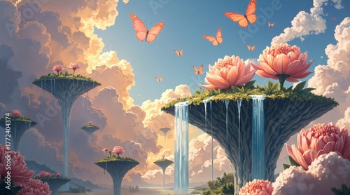 A dreamy, surreal landscape featuring floating cliffs with cascading waterfalls, lush pink and orange flowers blooming on rocky outcrops, and butterflies 