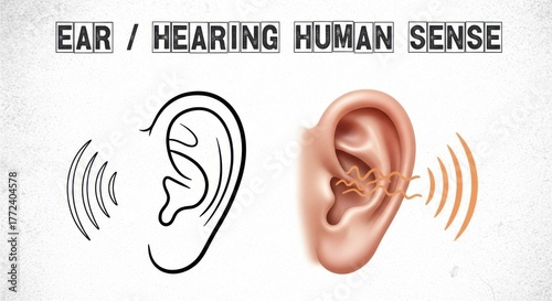 Human ear hearing sense anatomy and sound waves illustrating auditory perception