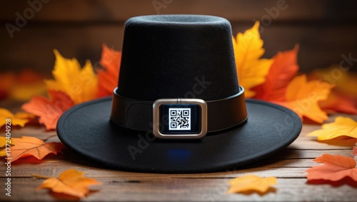 Pilgrim hat with smartwatch displaying QR code and autumn leaves