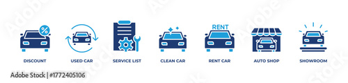 Smart Auto Deals Icons set vector illustration blue with Discount , Used car, Service list, Clean car, Rent car, Auto shop, Showroom