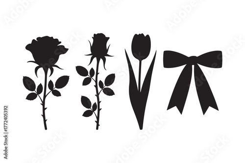 Black silhouette of roses tulip and bow on white background
