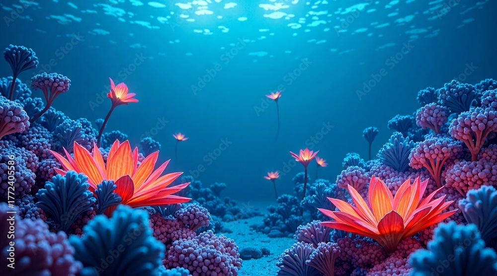 Fototapeta premium A vibrant underwater seascape featuring glowing red and orange flowers amidst surreal, coral-like formations in shades of purple and blue. Sunlight filters through the deep ocean,