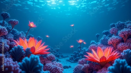 A vibrant underwater seascape featuring glowing red and orange flowers amidst surreal, coral-like formations in shades of purple and blue. Sunlight filters through the deep ocean, 