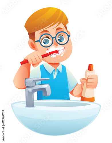 Child with glasses brushing his teeth with foam and holding a tube of toothpaste over the sink. Vector cartoon illustration