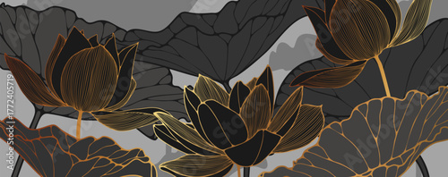 Elegant lines, lotus flowers, leaves, foliage on a dark background. Luxury floral art vector