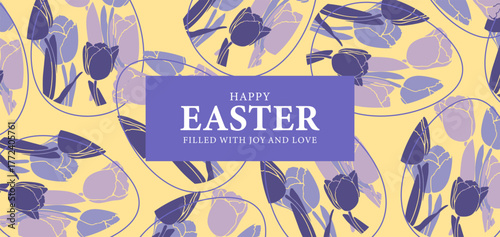 Happy easter horizontal greeting card with tulips.