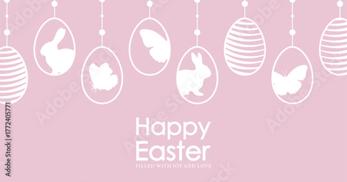 Happy easter horizontal greeting card or web banner. Easter eggs, bunnies and butterflies vector minimalistic design