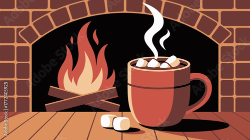 Cozy hot chocolate by a warm fireplace illustration
