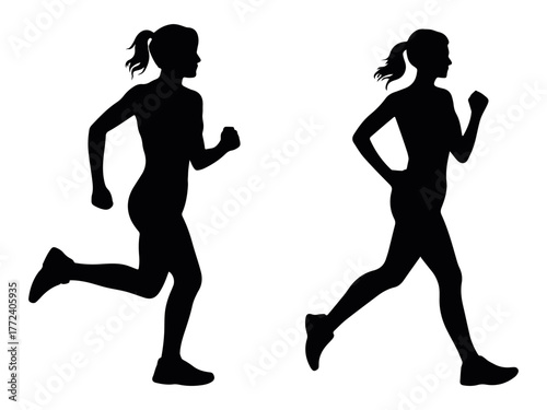 Female silhouette runners in motion vector illustration, showing sleek athletic figure and graceful form representing movement, energy, and feminine fitness design style