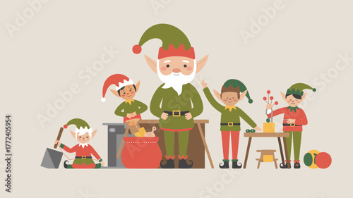 Christmas elves busy making toys in workshop