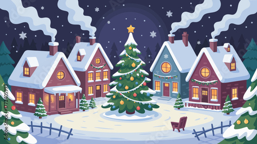 Cozy winter village scene with decorated christmas tree