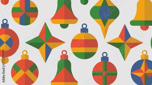 Colorful geometric christmas ornaments pattern on light gray background