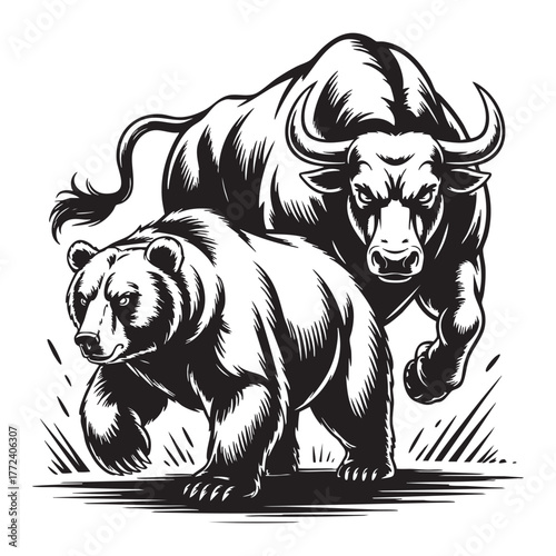 Black and white illustration of a charging bull and a walking bear aggressive 1