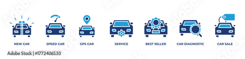 Smart Drive Solutions"Icons set vector illustration blue with New car, Speed car. Gps car, Service, Best seller, Car diagnostic, Car sale