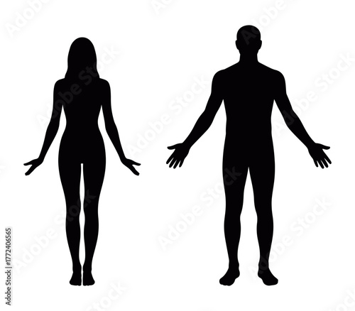 silhouettes of man and woman in anatomical standing pose, front view design for medical, body balance, and wellness concepts in clean black and white minimalist composition