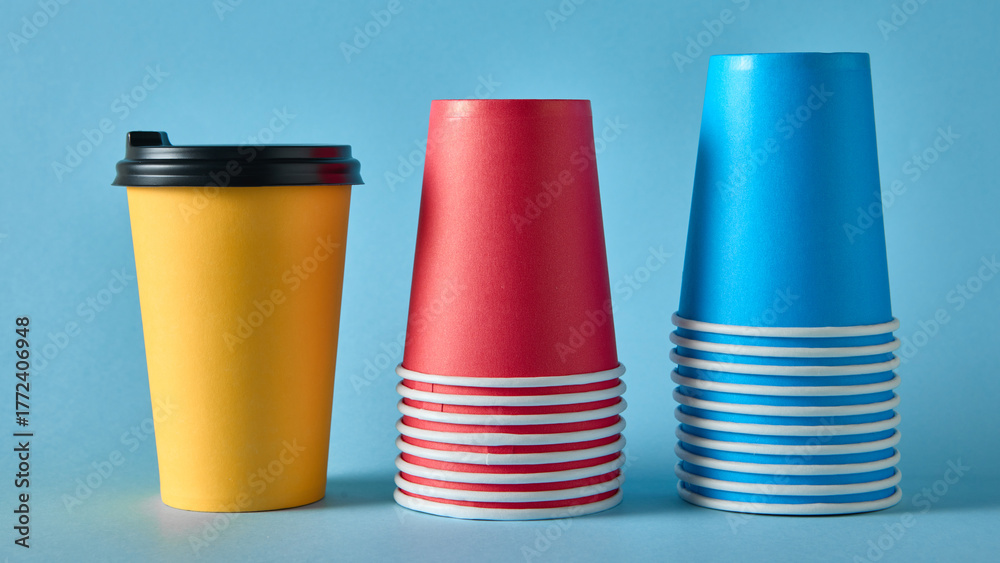 Fototapeta premium Three colorful takeaway coffee cups with black lids on red background for cafe branding. Concept of beverage packaging, design mockups, marketing use in catering and restaurant visuals.