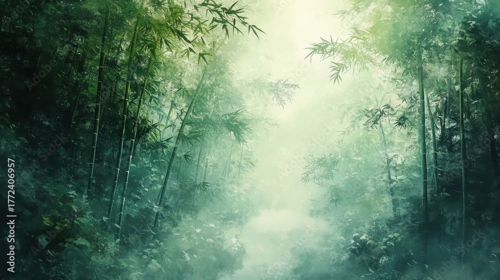Obraz premium A watercolor style bamboo forest with soft brush strokes, gentle blending of greens, and an airy atmosphere, highlighting natural texture.