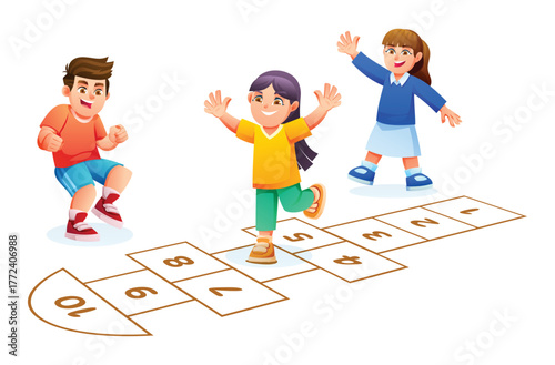 Group of children, two girls and a boy, playing the game of hopscotch. Vector cartoon illustration