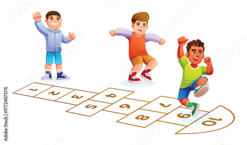 Three boys playing the game of hopscotch, with one boy jumping on the numbers. Vector cartoon illustration