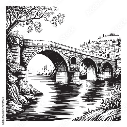 Black and white sketch of an old stone bridge over a river with a town on a hill arch