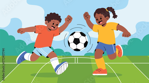 Two children playing soccer on a green field with a soccer ball in the air and blue sky background