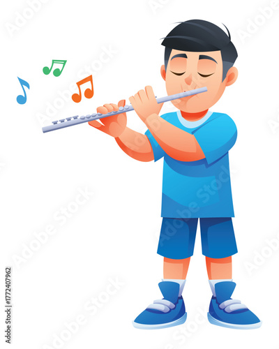 Young boy playing the flute with his eyes closed and musical notes floating around. Vector cartoon character illustration