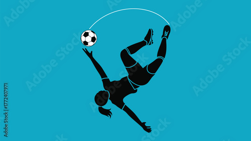 Silhouette of woman kicking soccer ball in air against a blue background vector illustration