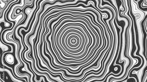 Abstract monochrome design with concentric organic lines expanding outward like wood grain or rippling water. Concentric waves radiate from center forming smooth flowing contours and geometric harmony