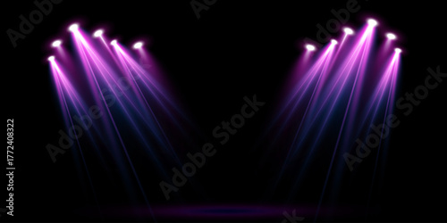 Pink LED light beams and neon spotlights on transparent background. Glowing concert illumination for club, show, or music stage. Abstract vector lighting design.