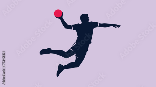 Silhouette of a man jumping and holding a red ball in his hand against a light purple background