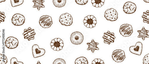 Cookie pattern on white, hand drawn illustration.	

