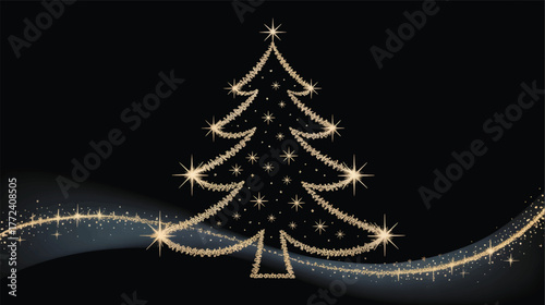 Elegant golden Christmas tree illustration sparkling star design on a dark background perfect for festive holiday cards and seasonal promotions