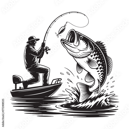Fisherman in boat reels in jumping bass fish with lure fishing