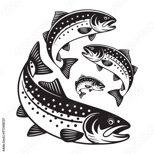 Four black and white stylized fish swimming in a circular pattern salmon trout