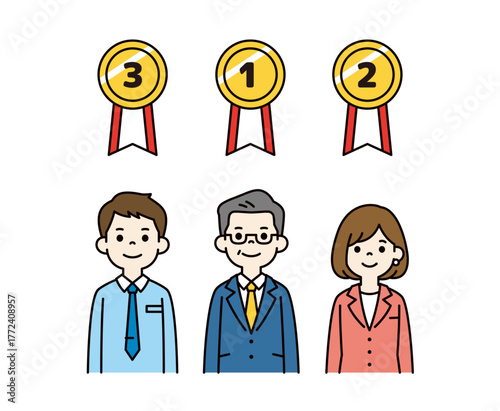 業績・評価ランクのメダルと、経営者と従業員の上半身ベクターイラスト素材セット＿カラー