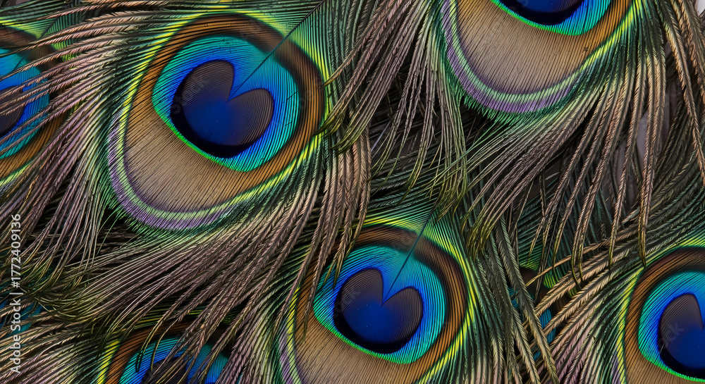 Naklejka premium Detailed Close-up of Peacock Feathers Showing Vibrant Eyespot Pattern