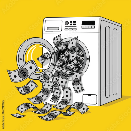 Money pouring out of washing machine, concept of money laundering