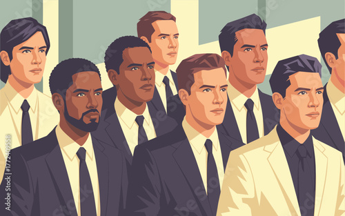 Diverse group of men in suits looking forward