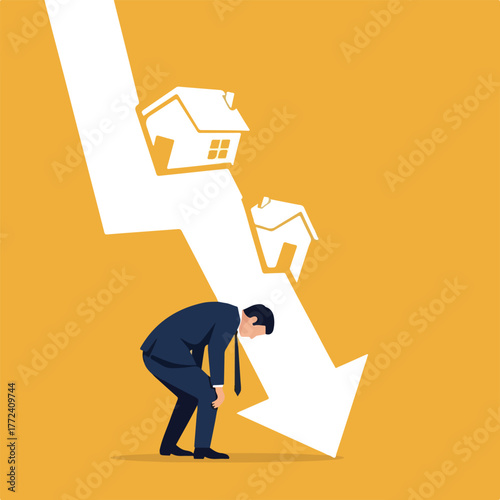 Man stressed by falling houses and downward arrow