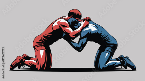Two wrestlers in red and blue singlets grappling on their knees in a stylized illustration