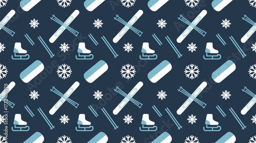 A seamless pattern featuring winter sports equipment and snowflakes on a dark blue background design concept