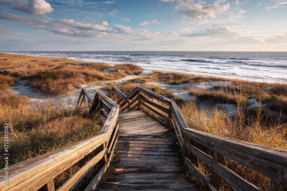 Fototapeta premium Picturesque Pathway to the Atlantic Ocean Beach at Huntington State Park, SC: Scenic Boardwalk Over Sand Dunes in Evening Light