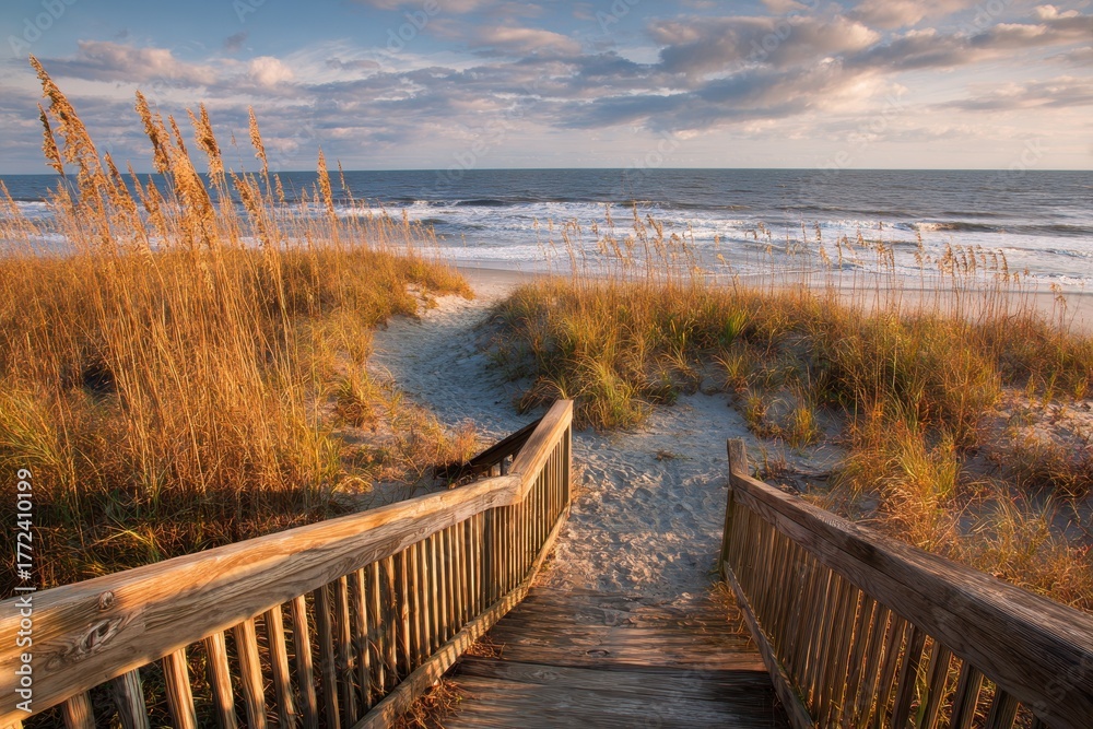 Naklejka premium Picturesque Pathway to the Atlantic Ocean Beach at Huntington State Park, SC: Scenic Boardwalk Over Sand Dunes in Evening Light