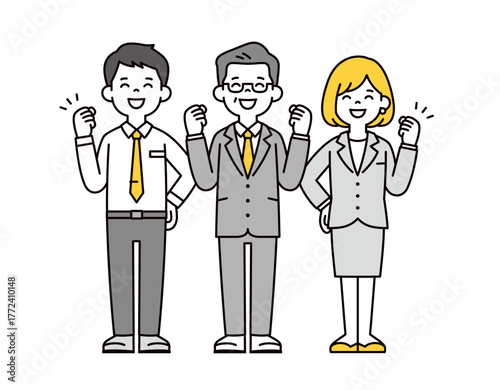 笑顔で頑張る・応援する、経営者と若い男性と女性の従業員の全身ベクターイラスト素材セット