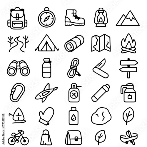 Set of hiking and camping icons, perfect for illustrating outdoor activities and adventures. Featuring a variety of equipment, from backpacks and compasses to tents and maps