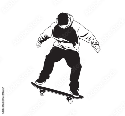 Stencilstyle person on skateboard, midride, with focus on movement and urban sport, isolated on