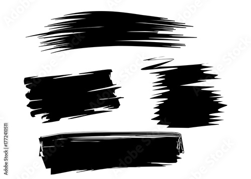 Black brush stroke elements, abstract artistic paint marks and graphic design textures