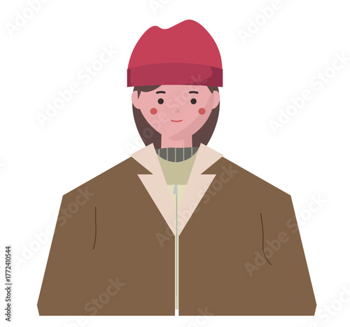 笑顔の冬服を着た女性。ダッフルコートを羽織る女性。温かい服。ベクターイラスト